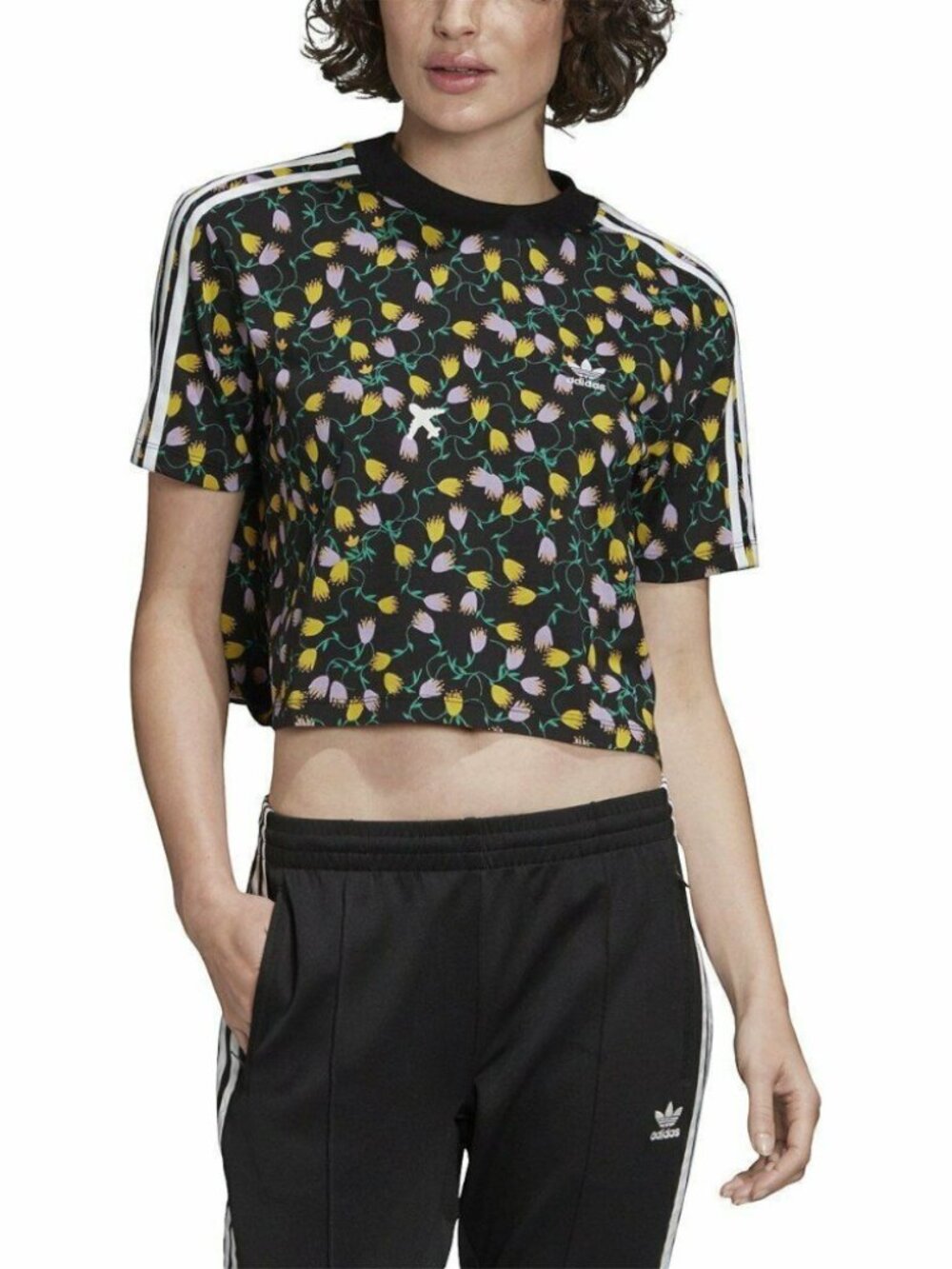 Adidas Black Floral Cropped Tee with Yellow & Pink Blooms on Black Short Sleeves